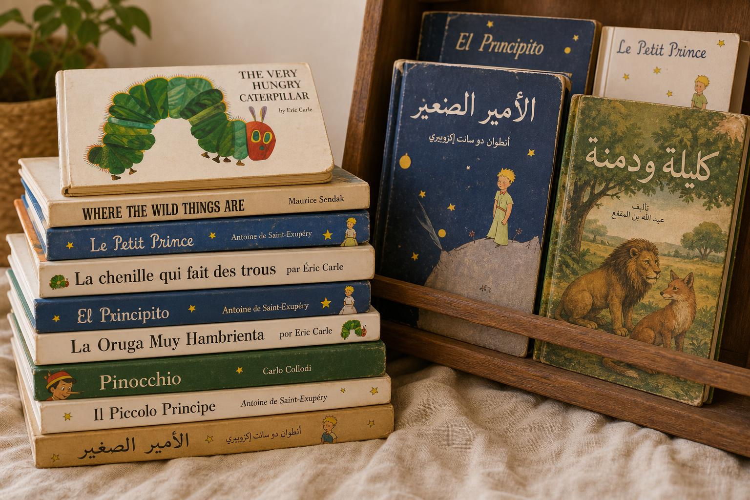 A carefully arranged stack of children's books